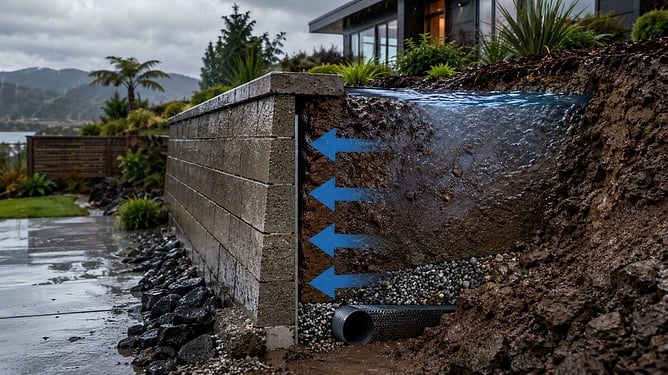 cutaway of what happens behind a retaining wall with drainage when it rains ai