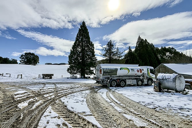 RD Petroleum fuel tanker parked at a snow-covered farm at Moa Flat, West Otago