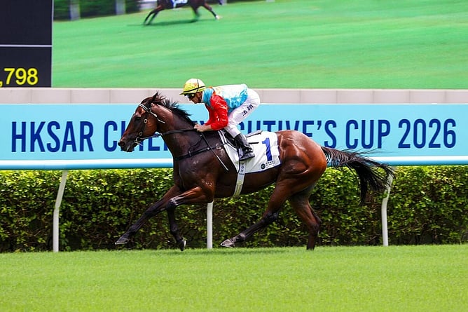 Ka Ying Rising winning the Gr.3 Chief Executives Cup in track record time.  - Photo: Hong Kong Jockey Club