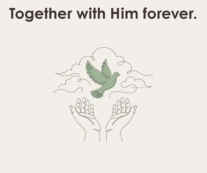 Minimalist continuous line drawing on a warm beige background illustrating two hands open and reaching upward toward a glowing sage green dove surrounded by soft line-art clouds.