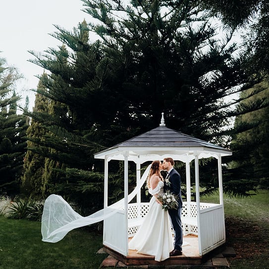 wedding couple kissing under pergola