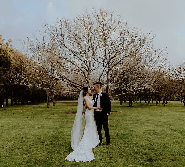 Markovina Estate Couple infront of Chestnut Tree in Winter