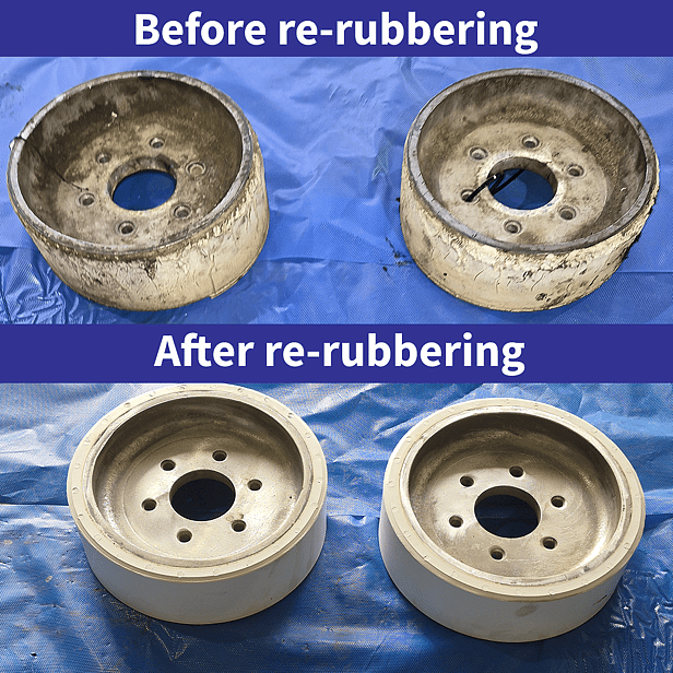 Before and after dairy platform drive wheel re-rubbering