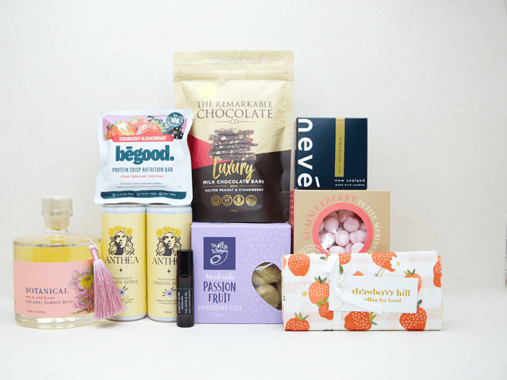Just For Her gift box with gourmet crackers, artisan chocolate, room spray, skincare, dried citrus, and premium New Zealand-made treats, beautifully packaged for gifting.