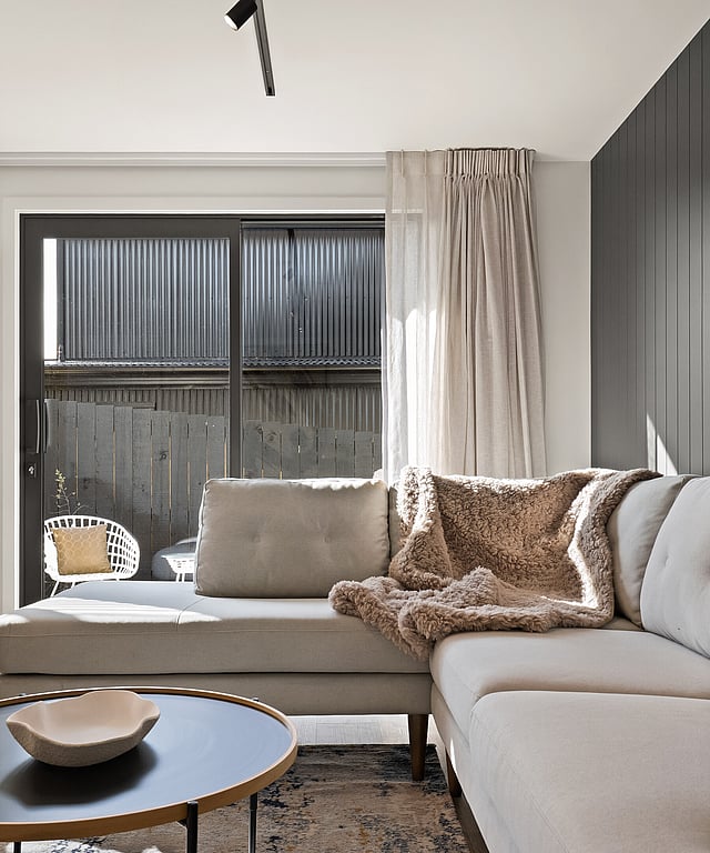 Interior image of the lounge to Highgate Ridge townhouse in Maori Hill by MJW Homes. Dunedin, Otago NZ