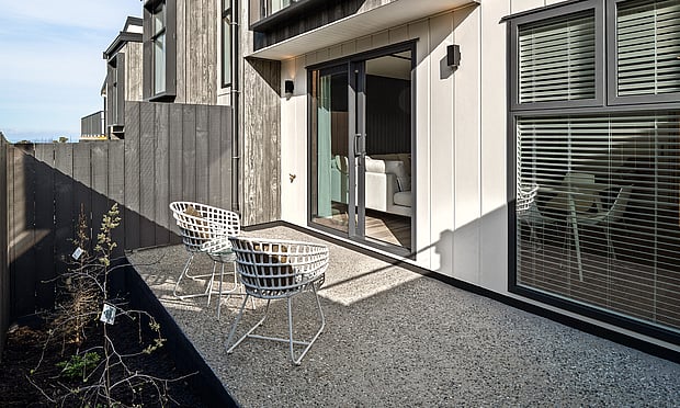 Image of the outdoor landscaping at the Highgate Ridge townhouses in Maori Hill by MJW Homes. Dunedin, Otago NZ