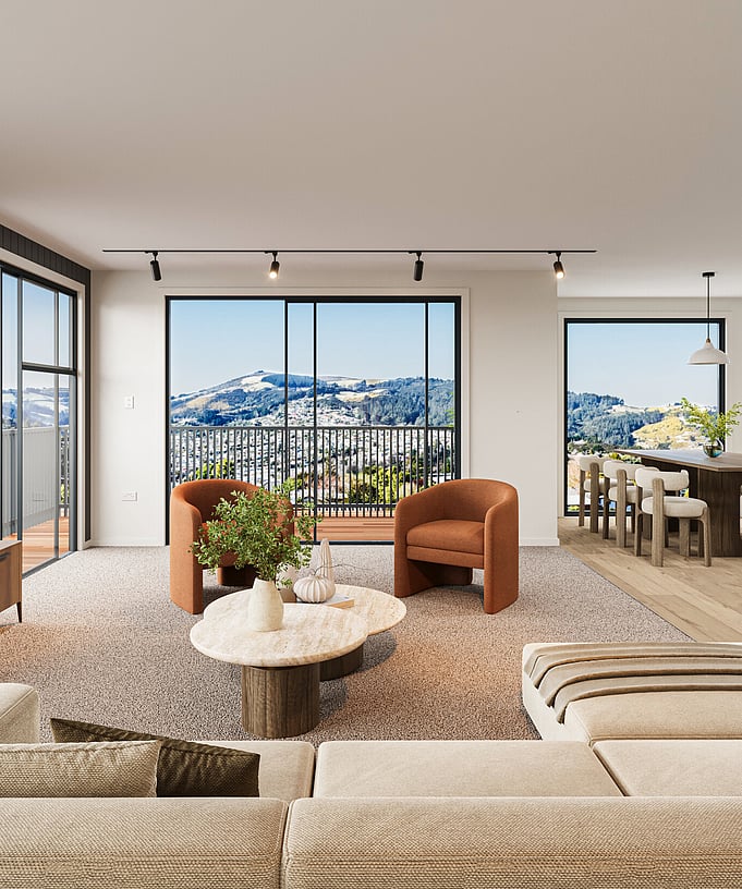Image of sunlit lounge with views at Highridge Gate townhouse collection at Maori Hill by MJW Homes. Dunedin, Otago.
