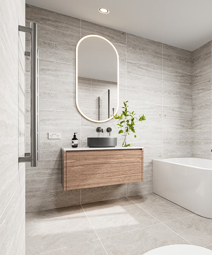 Image of contemporary bathroom at Highridge Gate townhouse collection at Maori Hill by MJW Homes. Dunedin, Otago.
