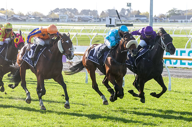 Sweetest Thing (centre) winning the Listed NZB Canterbury Belle Stakes (1200m) at Riccarton on Saturday. - Photo: Race Images South