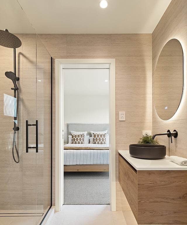 Image of the contemporary bathroom at Highgate Ridge, collection of townhouses in Maori Hill by MJW Homes. Dunedin, Otago NZ