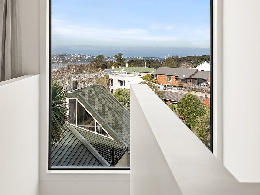 Stairwell view image of Highgate Ridge townhouses in Maori Hill. Built by MJW Homes. Dunedin, Otago.