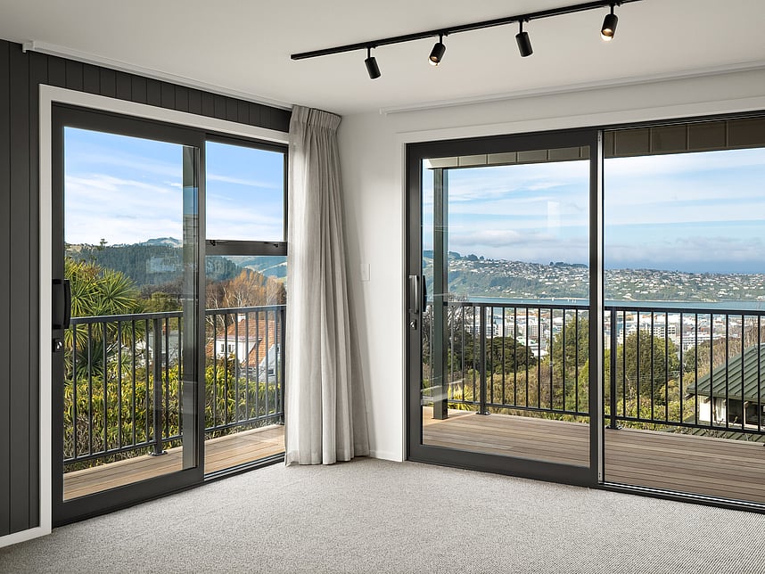 Lounge view image of Highgate Ridge townhouses in Maori Hill. Built by MJW Homes. Dunedin, Otago.