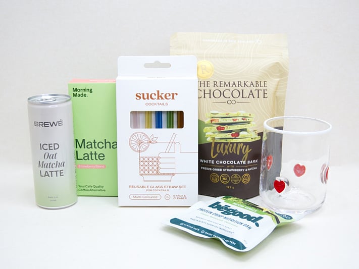 The Matcha Gift Box featuring premium matcha sachets, HomeLab glass, Sucker glass straw, Brewe Matcha Latte, Remarkables Matcha Chocolate, and Be Good Matcha Protein Crisp, thoughtfully curated for matcha lovers and wellness gifting.