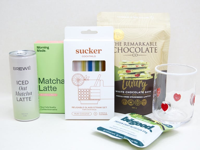 The Matcha Gift Box featuring premium matcha sachets, HomeLab glass, Sucker glass straw, Brewe Matcha Latte, Remarkables Matcha Chocolate, and Be Good Matcha Protein Crisp, thoughtfully curated for matcha lovers and wellness gifting.