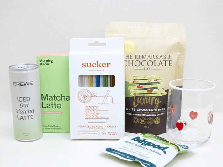 The Matcha Gift Box featuring premium matcha sachets, HomeLab glass, Sucker glass straw, Brewe Matcha Latte, Remarkables Matcha Chocolate, and Be Good Matcha Protein Crisp, thoughtfully curated for matcha lovers and wellness gifting.