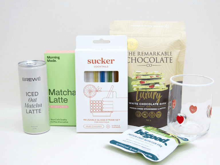 The Matcha Gift Box featuring premium matcha sachets, HomeLab glass, Sucker glass straw, Brewe Matcha Latte, Remarkables Matcha Chocolate, and Be Good Matcha Protein Crisp, thoughtfully curated for matcha lovers and wellness gifting.