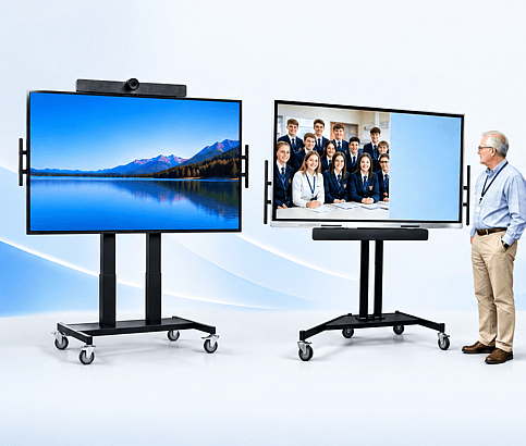 A trolley with a large tv screen and a trolley with audio equipment