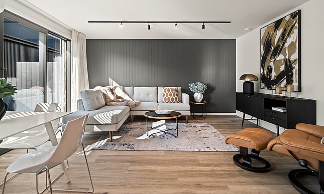 Image of contemporary style lounge from the South Station townhouse development. MJW Homes. Dunedin, Otago. NZ.