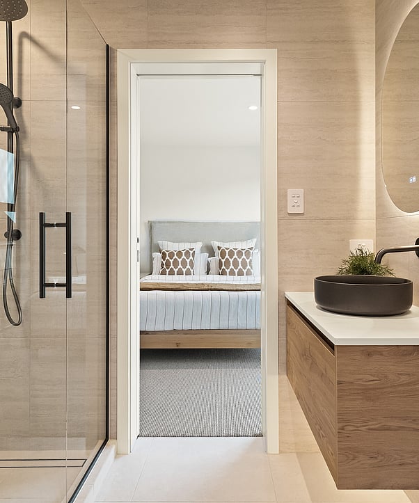Image of contemporary bedroom at Highridge Gate townhouse collection at Maori Hill by MJW Homes. Dunedin, Otago.