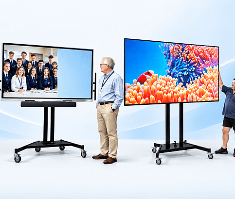 A trolley with a large tv screen and a trolley with audio equipment