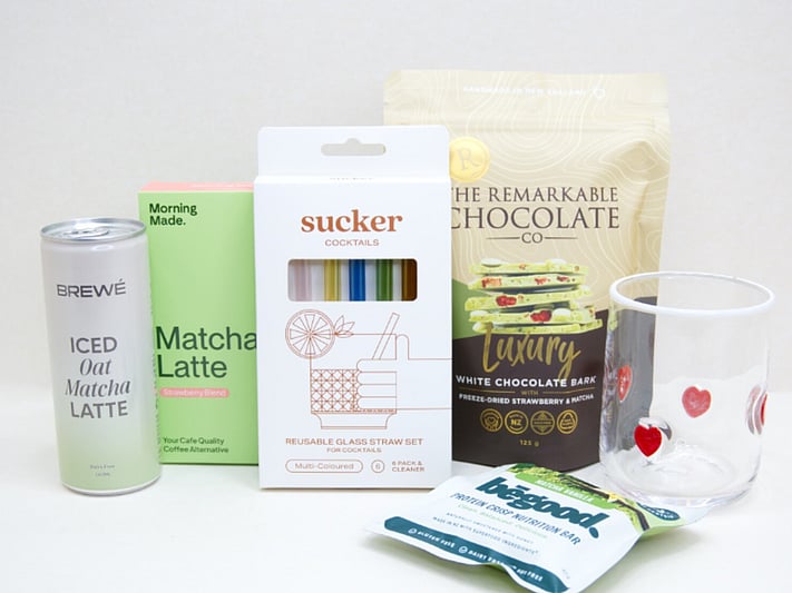 The Matcha Gift Box featuring Morning Made matcha, Molly Woppy biscotti, Nevé candle, HomeLab glassware, Great Day Mallow marshmallows, and Remarkable Chocolate in a premium KYND gift box.