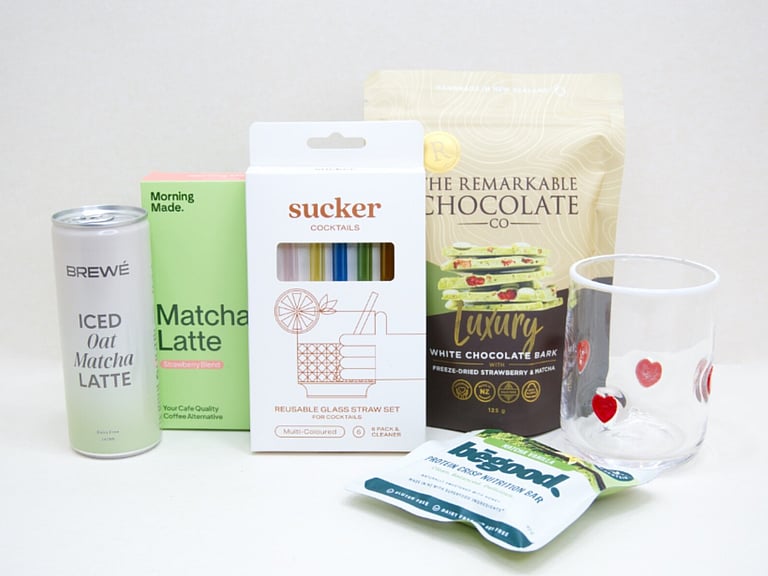 The Matcha Gift Box featuring Morning Made matcha, Molly Woppy biscotti, Nevé candle, HomeLab glassware, Great Day Mallow marshmallows, and Remarkable Chocolate in a premium KYND gift box.