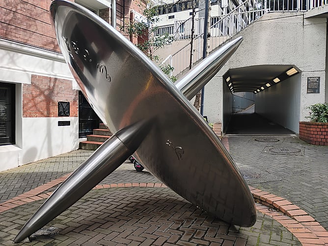 Giant spinning top sculpture in Woodward Street, Wellington, New Zealand