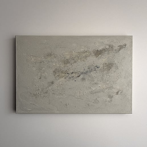 full image of atmospheric landscape painting with layered mineral and stone tones, irregular clusters of scattered pumice texture, subtle raised surface and softly blended tonal layers 