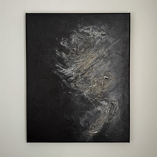 full image of textural abstract painting on linen with rich warm brown, caramel and pale cream tones, layered impasto with pale highlights and lifted textures forming vertical movement