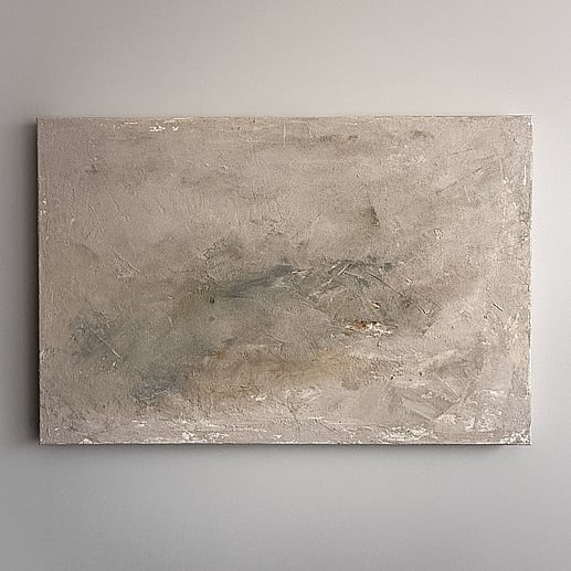 full image of atmospheric landscape painting on linen with a subtle blush-toned surface carrying soft tactile layers of mineral patina and muted smoky earth tonal sediment