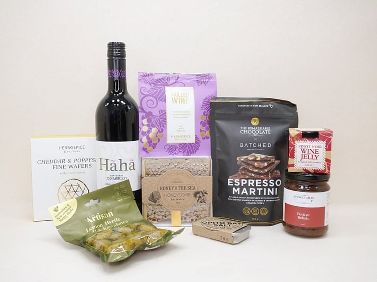 Let’s Get Grazing gourmet wine hamper with New Zealand Merlot and gourmet treats