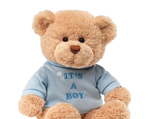 Welcome a new baby boy with this soft, huggable GUND teddy bear.
