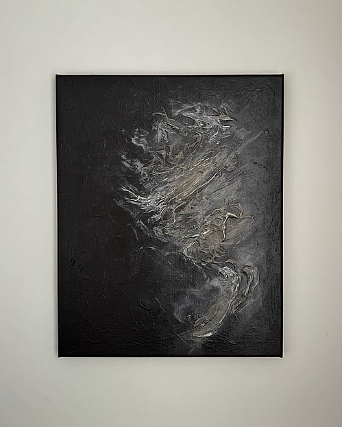 full image of textural abstract painting on linen with rich warm brown, caramel and pale cream tones, layered impasto with pale highlights and lifted textures forming vertical movement