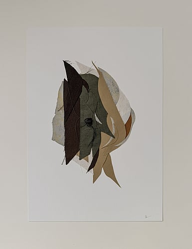 full image of a layered collage of neutral earth-toned linen and cotton fragments on soft white fabriano, showing soft frayed edges and handwritten signature in lower right corner. this work is now held in private collection and unavailable for acquisition