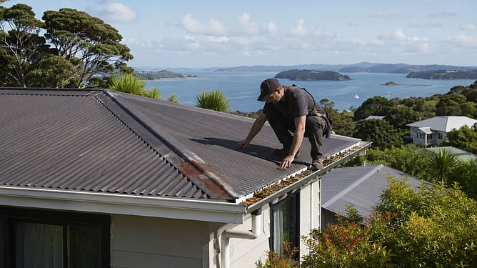 tradesman checking a roof for drainage issues ai
