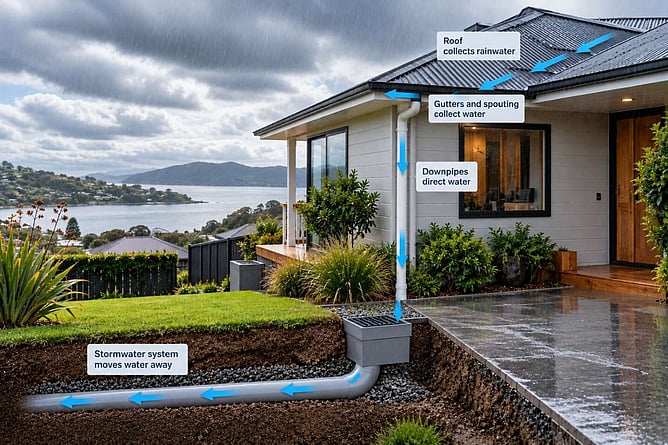 diagram example of water moving from roof to ground drainage