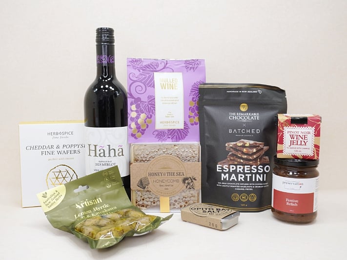 Let’s Get Grazing gourmet wine hamper with New Zealand Merlot and gourmet treats