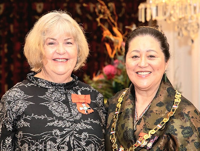 Eastern Bay Community Foundation Trustee Diane Turner JP MNZM with Dame Cindy Kiro, the Governor-General of New Zealand at a New Zealand Royal Honours investiture ceremony. 