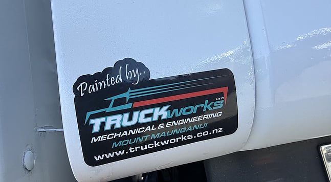 Photo of a truck with a new paintjob. Sticker on truck reads "Painted by... Truckworks Mechanical & Engineering Mount Maunganui - www.truckworks.co.nz"