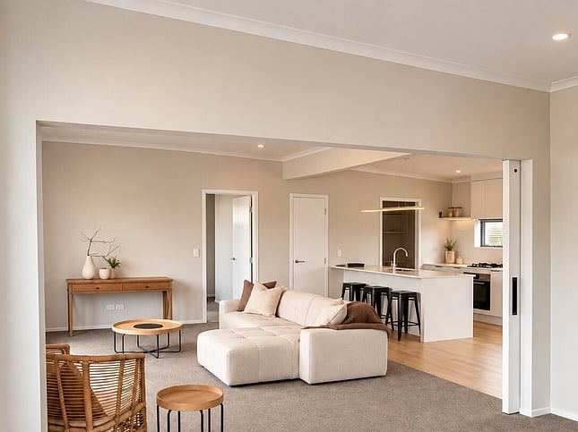 Living area flowing through to the kitchen in the Napier show home