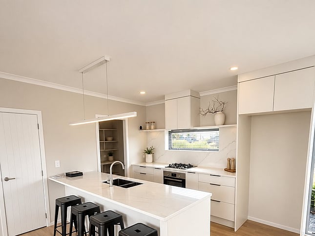 White kitchen with island bench and black bar stools
