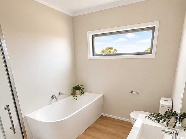 Bathroom with freestanding bath and white vanity