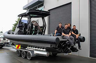 Caption: King Watercraft team with H2Ocean. Left to right: Will King (Founder), Tom Donachie (Fabricator), Aidan Stewart (Tube Fabricator), and Darren Fielding (Fabricator).