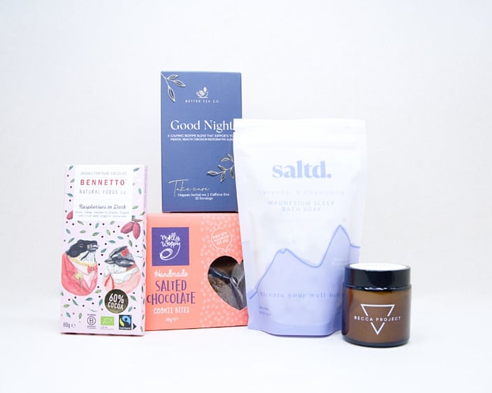 Rest & Restore self care gift box with Goodnight Tea and Saltd magnesium bath soak