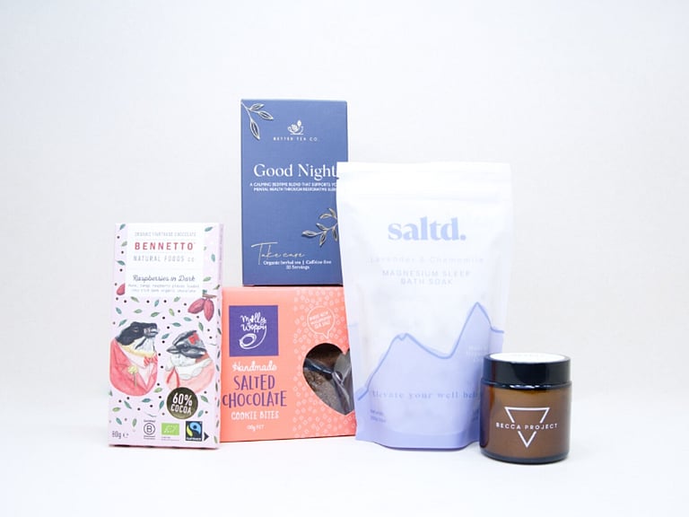 Rest & Restore self care gift box with Goodnight Tea and Saltd magnesium bath soak