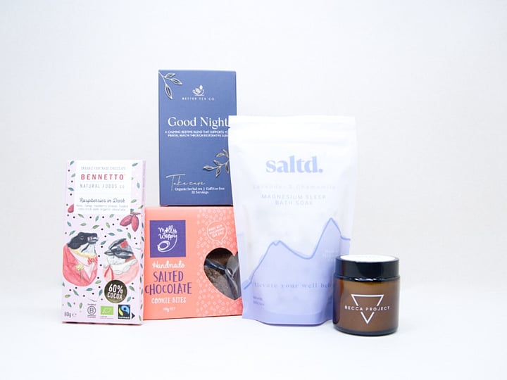 Rest & Restore self care gift box with Goodnight Tea and Saltd magnesium bath soak