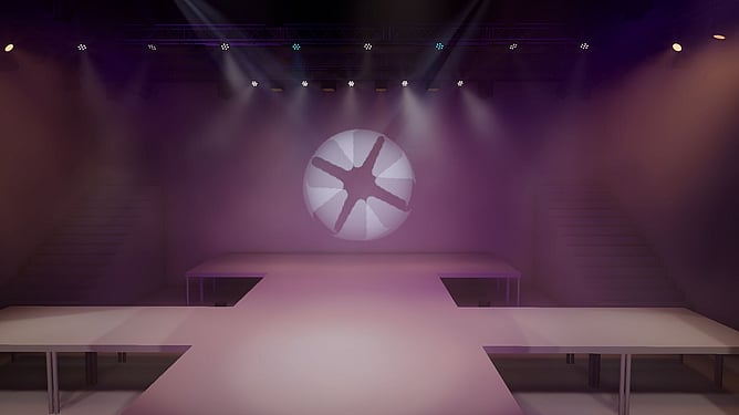 A 3D visual reference showing how the final stage and lighting setup come together.