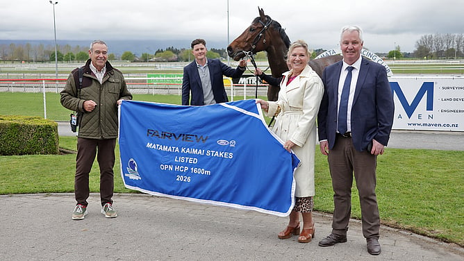 Owners Brent and Cherry Taylor pose with trainer Tony Pike (right) and their progressive mare Astoria Brooke following her win in the Listed Fairview Matamata Kamai Stakes (1600m) - Photo: Race Images (Kenton Wright)