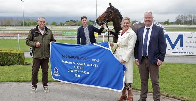 Owners Brent and Cherry Taylor pose with trainer Tony Pike (right) and their progressive mare Astoria Brooke - Photo: Race Images (Kenton Wright)