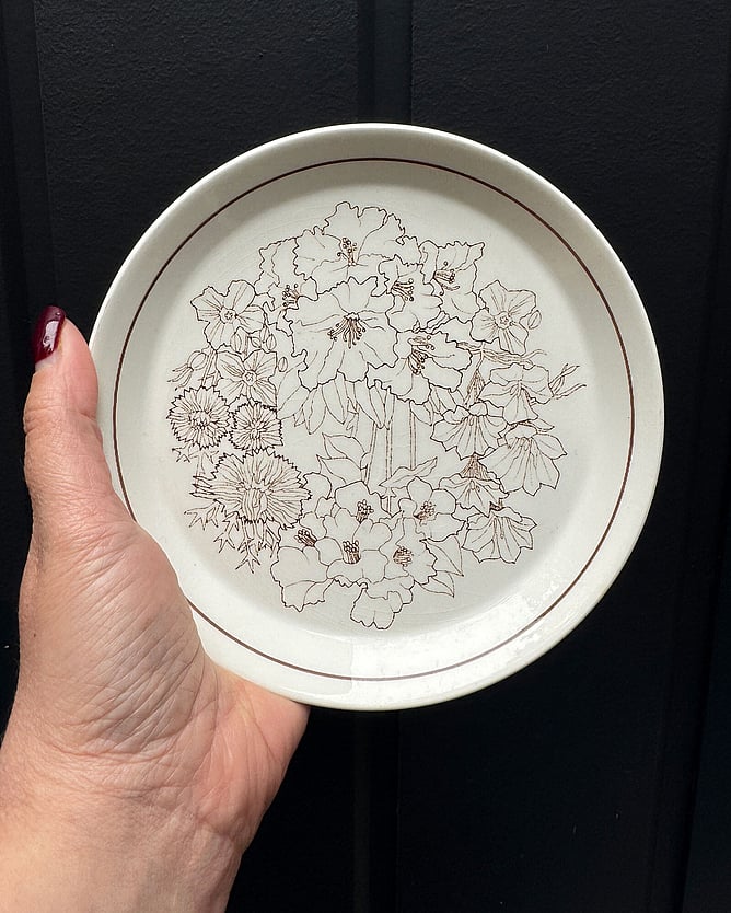 New Zealand artist Anna Mollekin holding a vintage Crown Lynn Forma plate in the Filigree 600 floral pattern, admired for its intricate brown line work.